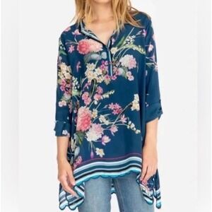 Johnny Was Willowa Floral Cupra Rayon Tunic Blouse Blue Scalloped Hem, L